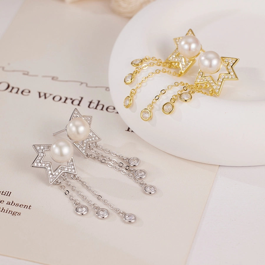 Star Tassel Silver Drop Earrings